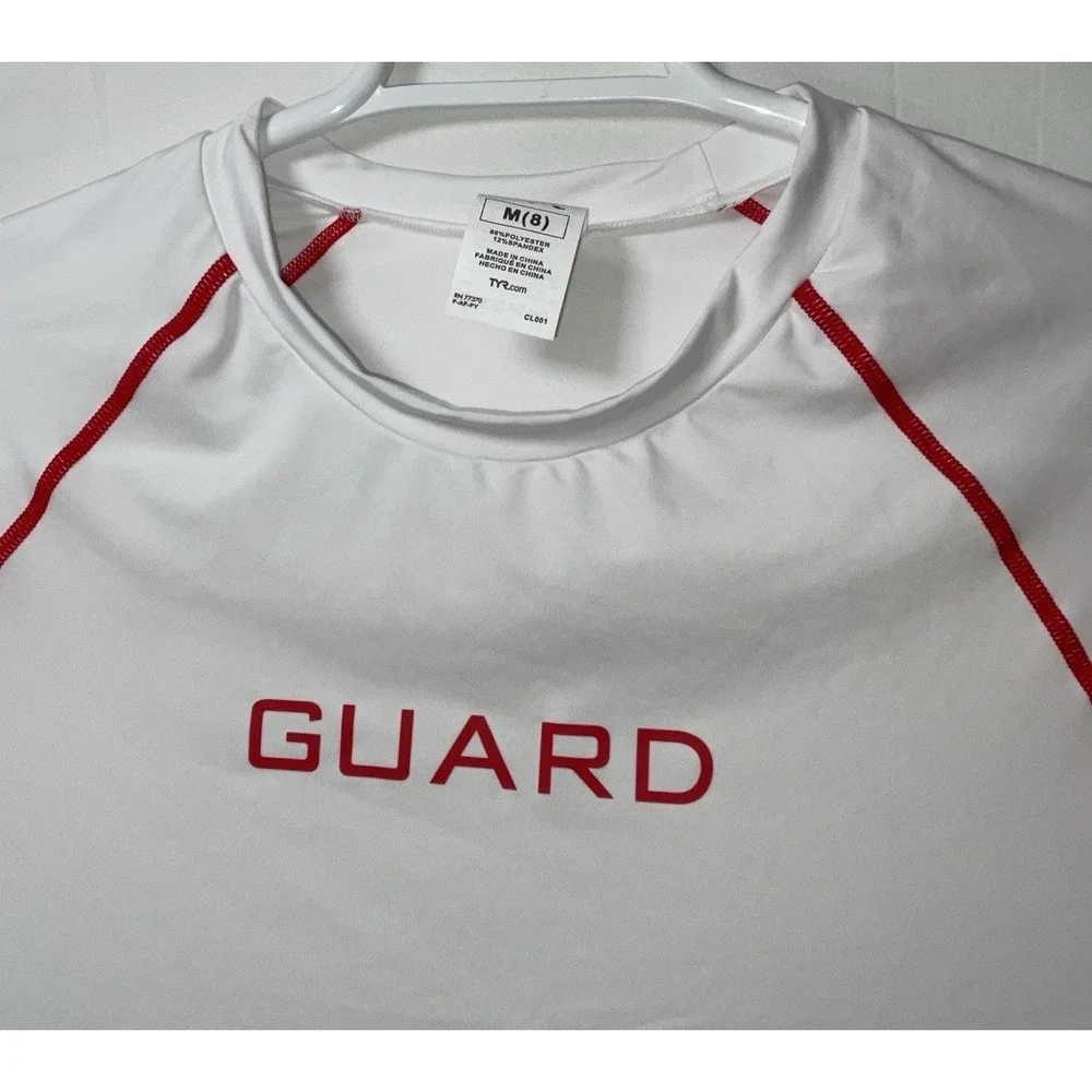 NWT Men's TYR Life Guard Short Sleeve Rashguard Shirt - White‎ & Red - Medium